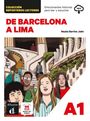 "DE BARCELONA A LIMA" in Rot. Illustration von Personen vor architektonischem Hintergrund; A1-Level Buchcover.