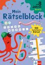 "Mein Rätselblock", "ab 8 Jahren", "Band 2", "100 kunterbunte Rätsel". Fröhliche Illustration mit Oktopus und Rätseln.