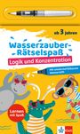 Text: "ab 3 Jahren", "Wasserzauber-Rätselspaß", "Logik und Konzentration", "Mit wiederbefüllbarem Wasserstift", "Lernen mit Spaß". Illustration: Tiere mit Sonnenbrillen spielen im Wasser. Oben ein Wasserstift. Klett Logo.