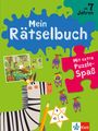 „Mein Rätselbuch“, „Mit extra Puzzle-Spaß“, „ab 7 Jahren“. Ein Zebra, ein Bleistift, Puzzle-Elemente und bunte Figuren.
