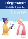 "PflegeExamen: Schriftliche Prüfung Tag 1 – I care. Illustration: Frau mit Tablet spricht mit älterem Mann."