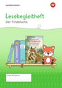 „Lesebegleitheft Der Findefuchs“ oben; „Dieses Heft gehört:“ unten. Illustration mit Fuchs, Bücherregal, Kuscheltier.