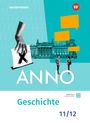 Text zuerst: "westermann", "ANNO", "Geschichte", "11/12". Oben: Hand über Stimmzettel. Mitte: Gebäude und Sprechblasen. Unten: Zwei Personen.