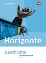 Text: "Horizonte Geschichte Qualifikationsphase Hessen". Eine Hand hält eine Menschengruppe, daneben springen zwei Personen.
