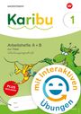 "Karibu 1", "Arbeitshefte A + B", "mit interaktiven Übungen". Bunte Illustration eines grünen Tieres und eines gelben Vogels.