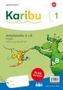 Text: "westermann Karibu 1 Arbeitshefte A + B Fördern Schulausgangsschrift PLUS BEILAGEN". Illustration: Ein grünes Wesen und ein gelber Vogel.