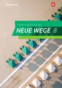 "MATHEMATIK NEUE WEGE 8 ARBEITSHEFT" auf grünem Banner, darunter Strand mit grünen Sonnenschirmen in Reihen.
