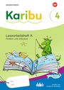 "Karibu 4", "Lesearbeitsheft A", "Fördern und Inklusion". Illustration: Ein Buch, aus dem Wasser und Figuren fließen.