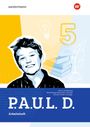 P.A.U.L. D. Arbeitsheft. Berlin, Brandenburg. Illustration eines lachenden Jungen und Bücher mit Glühbirne und Zahl 5.