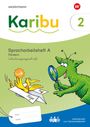 Text: Karibu, Spracharbeitsheft A, Fördern, Schulausgangsschrift. Illustration: Grünes Wesen betrachtet gelben Vogel im Papierflieger.