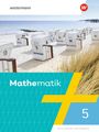 "Mathematik 5", Strandkörbe am Meer mit Sand und Dünen, modernes Design in Blau und Gelb, Westermann-Logo oben rechts.