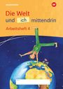 "Die Welt und ich mittendrin. Arbeitsheft 4." Ein Kind macht einen Handstand auf einer Weltkugel, umgeben von Blumen.