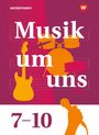 „Musik um uns 7-10“; Illustration von Instrumenten: Gitarre, Schlagzeug, Mikrofon.