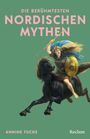 Titel: "Die berühmtesten nordischen Mythen". Eine Illustration zeigt eine Kriegerin auf einem schwarzen Pferd mit Speer und Schild.