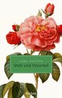 Buchcover: "Jane Austen - Stolz und Vorurteil", großer, blühender rosa Pfingstrosenstrauch mit grünen Blättern.