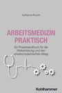 "Arbeitsmedizin praktisch" in großen rosa Buchstaben, Zahnrad- und Stethoskop-Illustrationen darunter auf grauem Hintergrund.