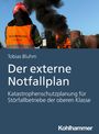Buchtitel: "Der externe Notfallplan", Katastrophenschutz für Störfallbetriebe. Übungsbeobachter vor brennendem Gebäude.