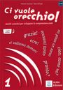 „Ci vuole orecchio!“ Text- und Sprachübungen auf rotem Hintergrund, italienische Sätze mit Wellenlinien und ALMA Edizioni-Logo.