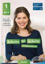 „1 A1.1“, „Kurs- und Arbeitsbuch“, „Deutsch als Zweitsprache“. Eine lächelnde Frau sitzt am Tisch mit Bürobedarf.
