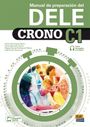 „Manual de preparación del DELE CRONO C1“ steht groß oben. Darunter eine Stoppuhr und lächelnde Studenten.