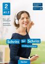 „2 A1.2“, „Schritt für Schritt“, „Deutsch als Zweitsprache“. Frau lächelt mit Kopfhörern, hält ein Smartphone.