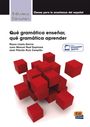 Buchcover mit Text: "Qué gramática enseñar, qué gramática aprender". Rote Würfel und digitales Erweiterungs-Logo.
