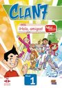 "CLAN 7", "¡Hola, amigos!", "Nivel 1". Cartoon-Kindergruppe mit Hund, strahlend bunte Hintergründe, fröhliche Atmosphäre.