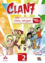 Text: "CLAN 7", "con ¡Hola, amigos!", "Nivel 2". Illustration von fröhlichen Kindern und einem Hund in farbenfrohem Hintergrund.