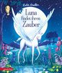 „Luna findet ihren Zauber“ steht vor einem großen Vollmond. Ein fliegendes Pferd in einer Blumenwiese bei Nacht.
