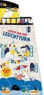 "Mumin und der Leuchtturm". Illustrationsstil mit Mumins auf einem Leuchtturm, bunte Flaggen, Meerestiere, Figuren in Fenstern.