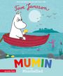 Text: "Tove Jansson", "Mumin und das Muschellied", "annette betz". Illustration: Ein weißes Wesen in einem roten Boot mit Muschel.