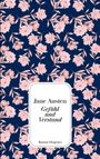 Text: "Jane Austen, Gefühl und Verstand, Roman, Diogenes." Hintergrund: Blaue Fläche mit rosa Blumenmuster.