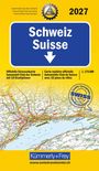 Text: Schweiz/Suisse, 2027, Offizielle Straßenkarte, www.swisstravelcenter.ch. Gelbe Karte mit blauem Schild und Karte von Lausanne.