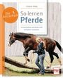 "So lernen Pferde" von Viviane Theby. "Die Reitschule". Eine Frau führt ein Pferd über eine Holzbrücke.