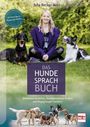 "Das Hundesprachbuch" von Julia Recker-Nitri. Eine Frau sitzt mit zwei Hunden auf einer Wiese. Unten: Hunde an Leinen.