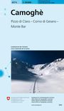 „Camoghè“ steht oben, gefolgt von „Pizzo di Claro – Corno di Gesero – Monte Bar“. Unten ist eine Schneelandschaft mit Skispuren.