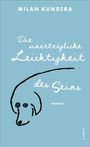 Text: "Milan Kundera, Die unerträgliche Leichtigkeit des Seins, Roman." Illustration: Ein Hundekopf auf hellblauem Hintergrund.
