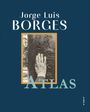Jorge Luis Borges' "Atlas". Hand auf eine mit Schriftzeichen versehene Säule. Blauer Hintergrund.