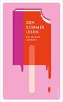 "DEN SOMMER LESEN. EIN URLAUBSLESEBUCH." Grafik eines Buchs als Eiscreme-Stiel auf rosa Hintergrund.