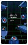 „GEORGE ORWELL 1984“ steht in der Mitte, umgeben von Überwachungskameras auf dunklem Hintergrund.