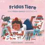 „Fridas Tiere: Eine Frida-Kahlo-Geschichte“. Ein Mädchen malt Tiere, umgeben von Zeichnungen und einem grauen Kätzchen.