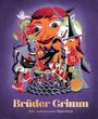 "Brüder Grimm: Die schönsten Märchen." Bunte Märchenfiguren, darunter ein Riese, Hexe, Esel und Frösche auf violettem Hintergrund.