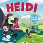 „HEIDI“ in großen roten Buchstaben, „POP-UP BOOK“ in einem blauen Kreis. Illustration: Kinder mit Ziegen in Alpenlandschaft.