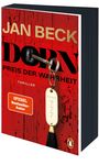 JAN BECK, DORN - PREIS DER WAHRHEIT, Thriller. Schlüssel im Schloss, Anhänger mit Zimmer 777, rot-schwarzer Hintergrund.