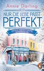Text: "Annie Darling", "Nur die Liebe passt perfekt", "Vintage Kleiderträume in Primrose Hill", "Roman". Winterliche Straßenszene mit schneebedeckten Gebäuden und Schaufenstern voller Kleidung.