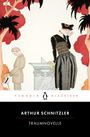"PENGUIN KLASSIKER. ARTHUR SCHNITZLER. TRAUMNOVELLE." Illustration mit zwei Personen, säulenartig und rotfarbenen Bäumen.