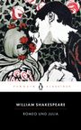 „PENGUIN KLASSIKER“, „WILLIAM SHAKESPEARE“, „ROMEO UND JULIA“. Illustration eines sich küssenden Paares umgeben von Rosen.