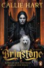 "Brimstone", Roman von Callie Hart. Königin der Finsternis, Krieger der Wölfe. Frau auf Thron mit weißem Fuchs.