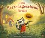"Mein Herzensgeschenk für dich" steht in einem Wald. Ein Waschbär trägt eine rote Latzhose und hält eine Sonnenblume.