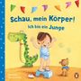 "Schau, mein Körper! Ich bin ein Junge." Ein Junge in Unterwäsche steht auf einem Hocker neben einem Dino und einem Teddy.